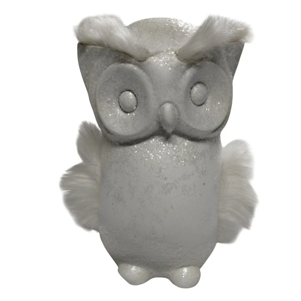 White Winter Owl Figurine with Faux Fur Wings‎ Farmhouse Woodland Decor
